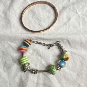 Bangle Bracelet Rose Gold Tone & Charm Bracelet Rainbow Beads Silver Tone